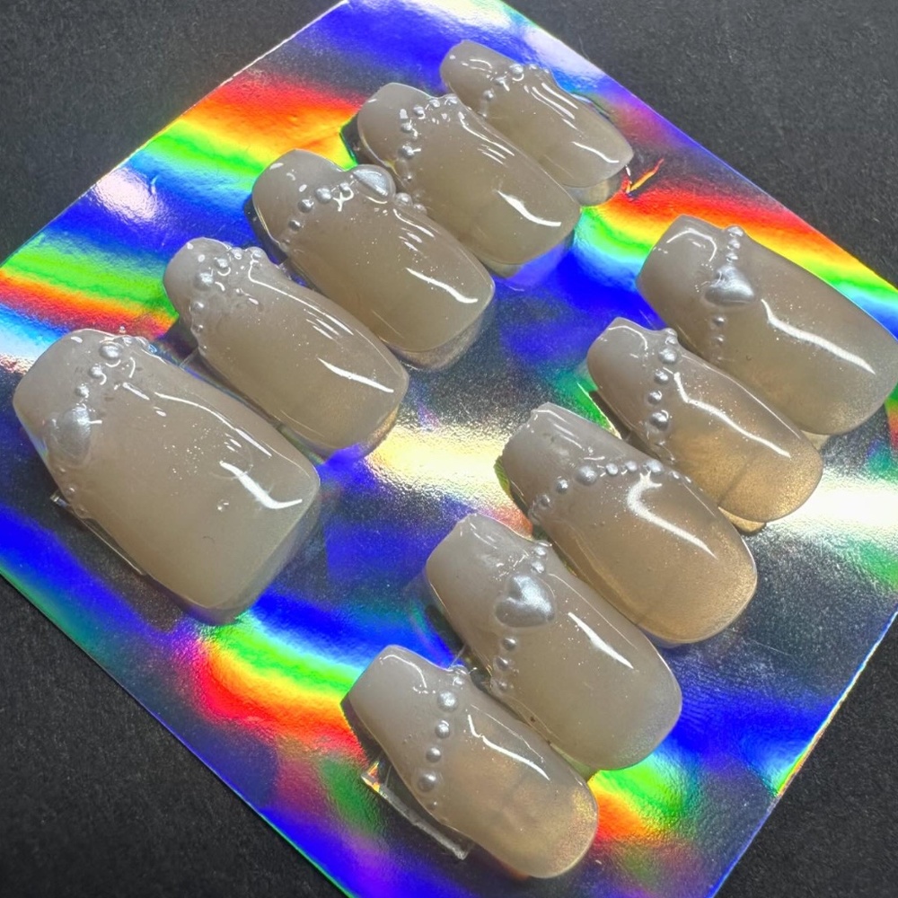 medium coffin nude with pearls handmade press on nails